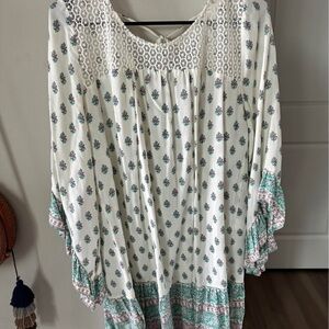 White Boho Crochet Yoke Peasant Dress with Mint & Pink Floral Print